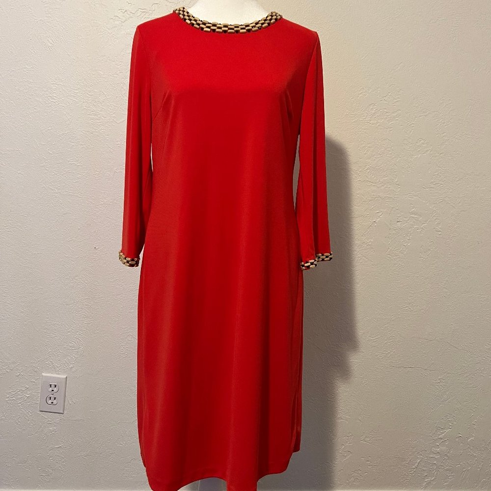 Karl Lagerfeld Tomato Red Sheath Dress with Black/Tan Beaded Trim Size 10